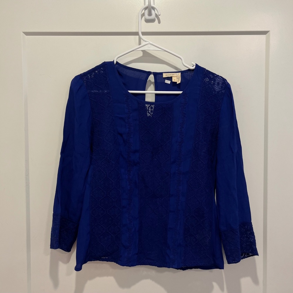 Meadow Rue Anthropologie Royal Blue Lace Embroidered Keyhole‎ Blouse XS
